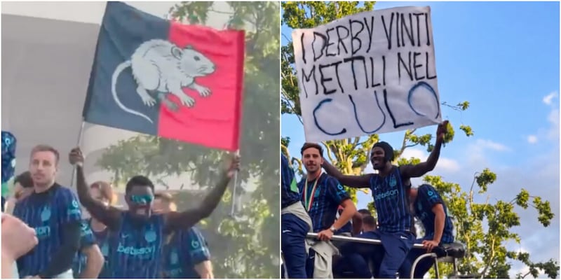 Festa Inter, sul bus scoperto spuntano due striscioni anti-Milan: Thuram "risponde" a Ambrosini e Maignan