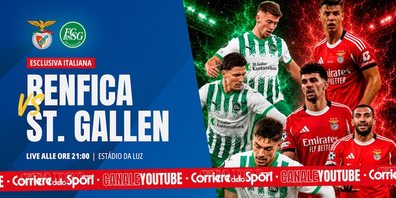 Benfica-St Gallen di Europa League, guarda in diretta streaming sul canale YouTube del Corriere dello Sport
