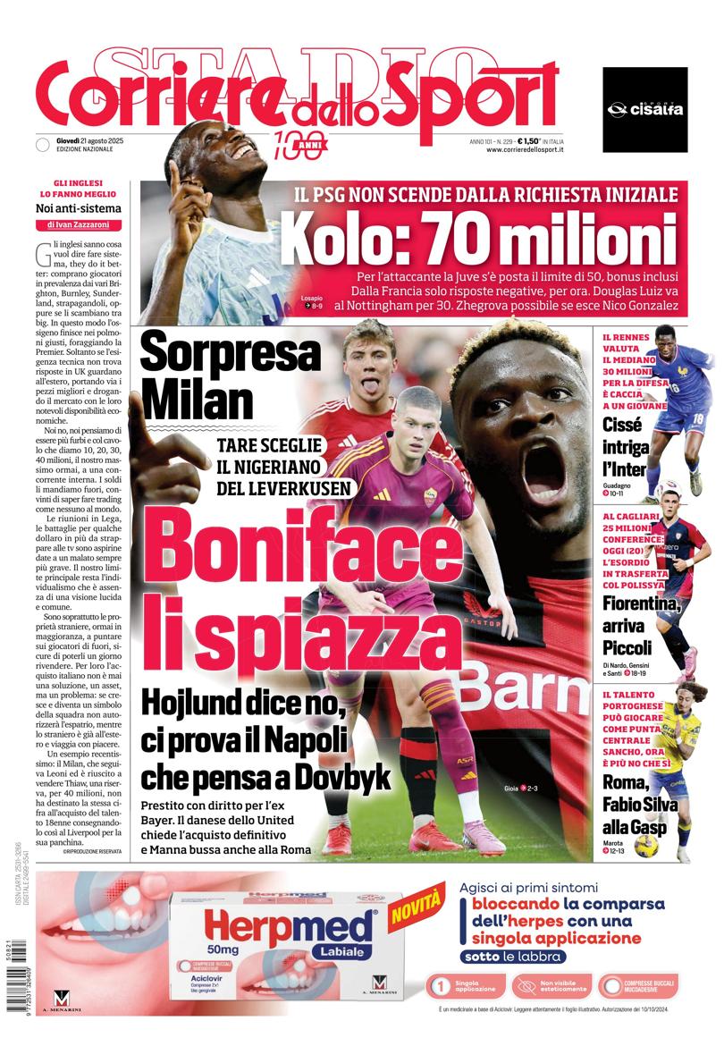 Prima pagina di oggi